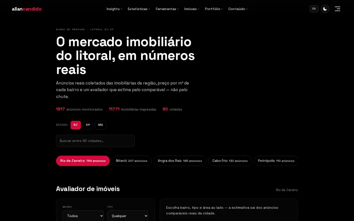 Tela de Avaliador PRO de Imóveis: Precificação estatística por comparáveis reais do bairro, histórico e métricas geoespaciais sem viés comercial.
